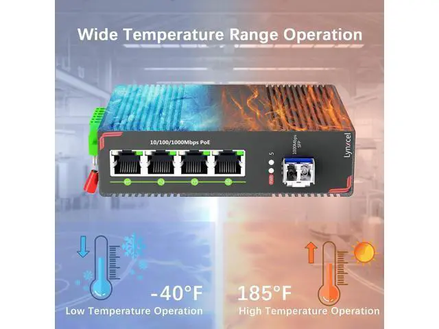 Alt view image 5 of 7 - Lynxcel 5-Port Industrial PoE Gigabit Din Rail Ethernet Switch, 4 x Gigabit PoE+ Ports, 65W PoE 48V Output, 1 x SFP Gigabit Slot with One Gigabit SFP LC Module, IP40 Unmanaged, with Power Supply