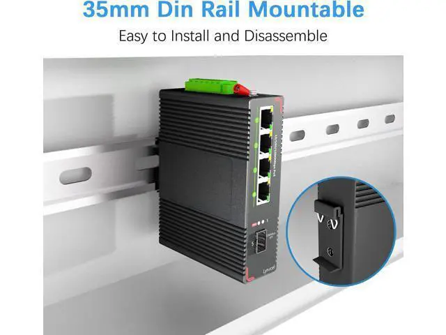 Alt view image 7 of 7 - Lynxcel 5-Port Industrial PoE Gigabit Din Rail Ethernet Switch, 4 x Gigabit PoE+ Ports, 65W PoE 48V Output, 1 x SFP Gigabit Slot with One Gigabit SFP LC Module, IP40 Unmanaged, with Power Supply