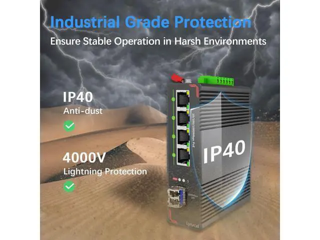 Alt view image 6 of 7 - Lynxcel 5-Port Industrial PoE Gigabit Din Rail Ethernet Switch, 4 x Gigabit PoE+ Ports, 65W PoE 48V Output, 1 x SFP Gigabit Slot with One Gigabit SFP LC Module, IP40 Unmanaged, with Power Supply