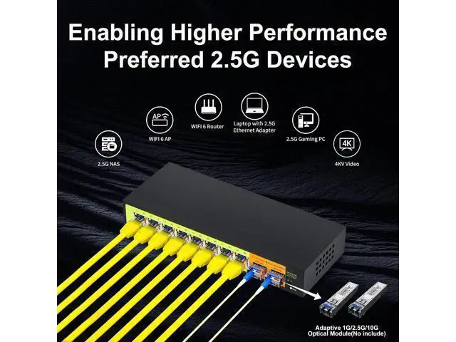Alt view image 7 of 7 - 10-Port 2.5gb Switch, 8*2.5G RJ45 and 2×10G SFP Uplink Ports, Unmanaged, Fanless, Multi gigabit, Compatible with 100/1000/2500Mbps Network.
