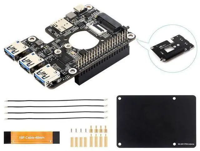 Main image of PCIe to M.2 4G/5G and USB 3.2 HAT+ for Raspberry Pi 5, PCIe to USB3.2/M.2 Adapter Board Compatible with Pi5 and 4G/5G Modules with M.2 Key B Interface, with 3X USB 3.2 Gen1 Ports, 5G-4IN1-PCB Antenna