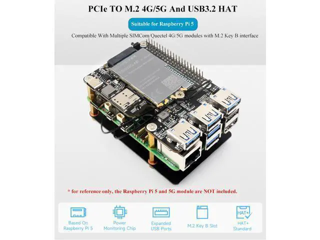 Alt view image 2 of 5 - PCIe to M.2 4G/5G and USB 3.2 HAT+ for Raspberry Pi 5, PCIe to USB3.2/M.2 Adapter Board Compatible with Pi5 and 4G/5G Modules with M.2 Key B Interface, with 3X USB 3.2 Gen1 Ports, 5G-4IN1-PCB Antenna