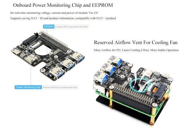 Alt view image 4 of 5 - PCIe to M.2 4G/5G and USB 3.2 HAT+ for Raspberry Pi 5, PCIe to USB3.2/M.2 Adapter Board Compatible with Pi5 and 4G/5G Modules with M.2 Key B Interface, with 3X USB 3.2 Gen1 Ports, 5G-4IN1-PCB Antenna