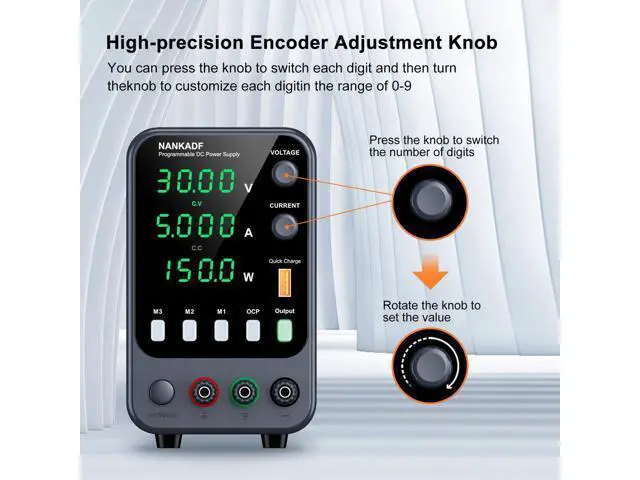 Alt view image 2 of 7 - DC Power Supply, Bench Power Supply with Memory Storage & RecallVariable Power Suppy with Encoder Adjustment Knob, 5V/3.6A USB Quick-Charge & OCP Short Circuit Alarm (0-30v 0-5a)