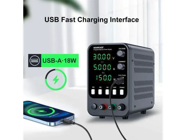 Alt view image 5 of 7 - DC Power Supply, Bench Power Supply with Memory Storage & RecallVariable Power Suppy with Encoder Adjustment Knob, 5V/3.6A USB Quick-Charge & OCP Short Circuit Alarm (0-30v 0-5a)