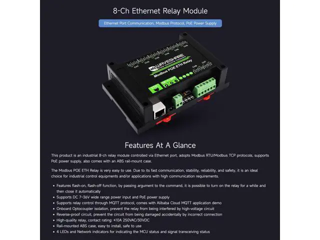 Alt view image 2 of 7 - Waveshare 8-Ch Ethernet Relay Module, Modbus RTU/Modbus TCP Protocol, PoE Port Communication, with Various Isolation and Protection Circuits, Industrial Grade Rail-Mount Case