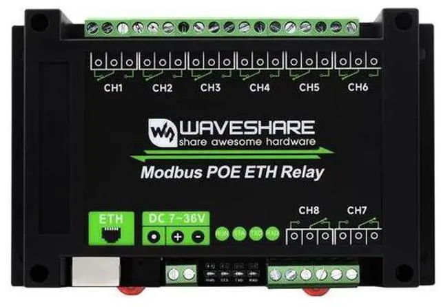 Main image of Waveshare 8-Ch Ethernet Relay Module, Modbus RTU/Modbus TCP Protocol, PoE Port Communication, with Various Isolation and Protection Circuits, Industrial Grade Rail-Mount Case