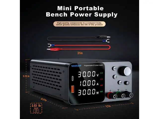 Alt view image 6 of 7 - DC Power Supply, 30V 10A Bench Power Supply with Encoder Adjustment, 5V/3.6A USB&Type-C Quick-Charge, Adjustable Power Supply with Output Enable/Disable Button, Short Circuit Alarm(0-30V 0-10A)