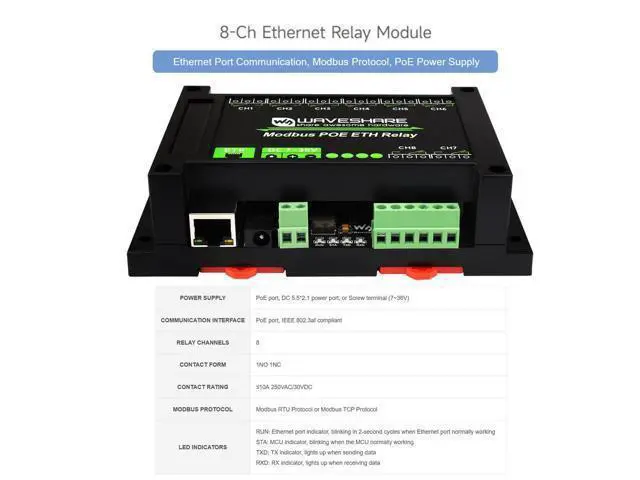 Alt view image 2 of 5 - Modbus POE ETH Relay 8-CH Ethernet Relay Module Supports Sending Modbus RTU/Modbus TCP Protocol Commands via Ethernet Port to Control Relay and Various Devices
