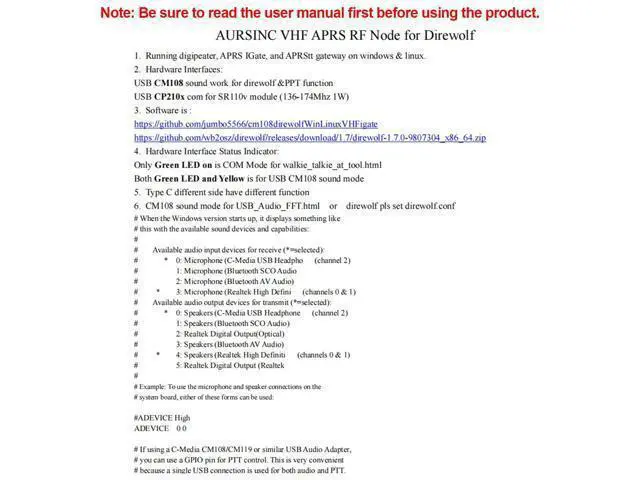 Alt view image 5 of 5 - AURSINC VHF APRS RF Node for Direwolf, USB CM108 Sound Work for Direwolf & PPT Function, USB CP210x Com for SR110v Module (136-174Mhz 1W), Compatible for RPi 2/3/4/5