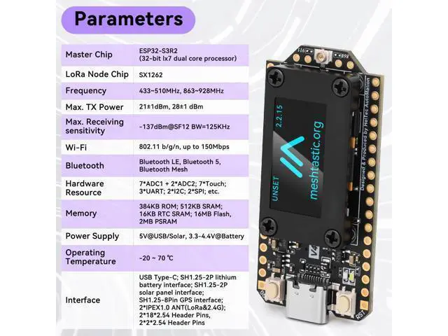 Alt view image 4 of 5 - Meshnology ESP32 LoRa V4 Development Board +L76 GNSS Module +3000mAh Battery +Purple Case, ESP32-S3 SX1262 LoRa WiFi Bluetooth 2MB PSRAM 16MB Flash 915MHz Antenna OLED Support GPS Solar for Meshtastic