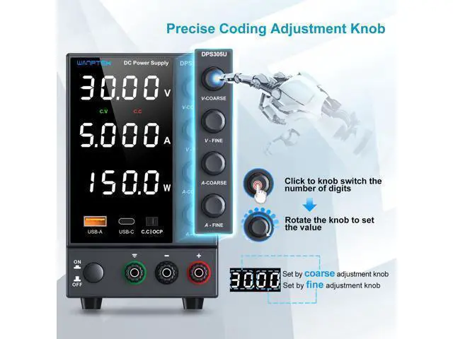 Alt view image 2 of 7 - DC Power Supply, Bench Power Supply with Encoder Knob, Adjustable Regulated Power Supply with 5V 3.6A USB & Type-C Quick-Charge, Variable Power Supply with Overcurrent Protection (0-30V 0-5A)