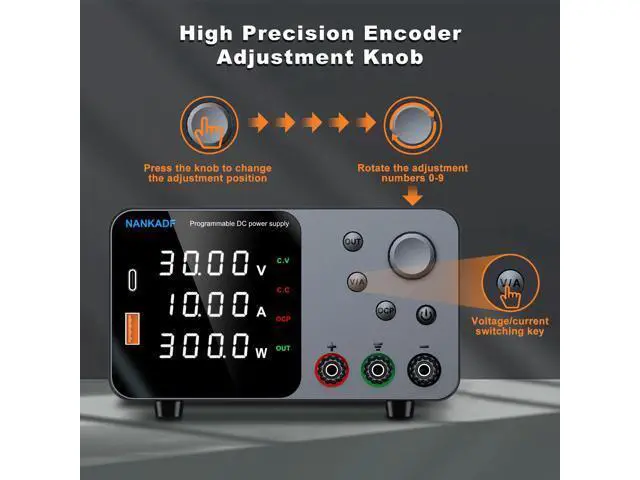Alt view image 2 of 7 - DC Power Supply, 30V 10A Bench Power Supply with Encoder Adjustment, 5V/3.6A USB&Type-C Quick-Charge, Adjustable Power Supply with Output Enable/Disable Button, Short Circuit Alarm(0-30V 0-10A)