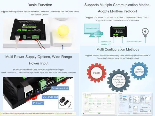Alt view image 3 of 5 - Modbus POE ETH Relay 8-CH Ethernet Relay Module Supports Sending Modbus RTU/Modbus TCP Protocol Commands via Ethernet Port to Control Relay and Various Devices