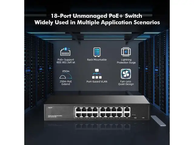 Alt view image 2 of 7 - 16 Port PoE Switch with 2 Gigabit Uplink, 10/100Mbps PoE+ Ports, 100/1000Mbps Uplink, IEEE802.3af/at, Max 200W, VLAN & PoE Extend 250m, YuLinca Metal RackMount Fanless Unmanaged Ethernet Switch