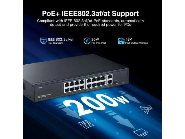 Alt view image 4 of 7 - 16 Port PoE Switch with 2 Gigabit Uplink, 10/100Mbps PoE+ Ports, 100/1000Mbps Uplink, IEEE802.3af/at, Max 200W, VLAN & PoE Extend 250m, YuLinca Metal RackMount Fanless Unmanaged Ethernet Switch