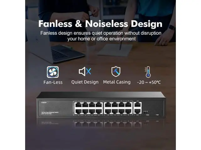 Alt view image 6 of 7 - 16 Port PoE Switch with 2 Gigabit Uplink, 10/100Mbps PoE+ Ports, 100/1000Mbps Uplink, IEEE802.3af/at, Max 200W, VLAN & PoE Extend 250m, YuLinca Metal RackMount Fanless Unmanaged Ethernet Switch