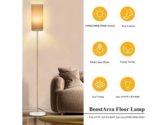 Alt view image 4 of 7 - BoostArea Floor Lamp for Living Room with 3 Color Temperatures Bulb, Modern Floor Lamps, Classic Tall Lamp for Office, Standing Lamps for Bedroom, Kids Room, Study(9W LED Bulb, White Linen Shade)