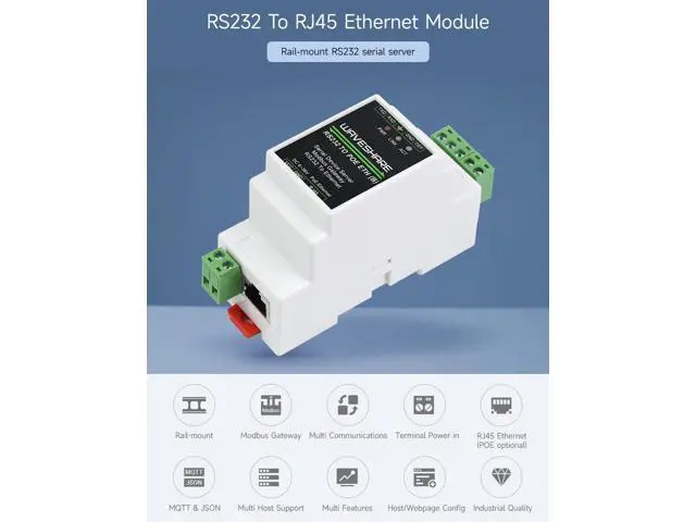 Alt view image 2 of 5 - Waveshare Industrial Serial Server, RS232 to RJ45 Ethernet, TCP/IP to Serial, Rail-Mount Support, with POE Function