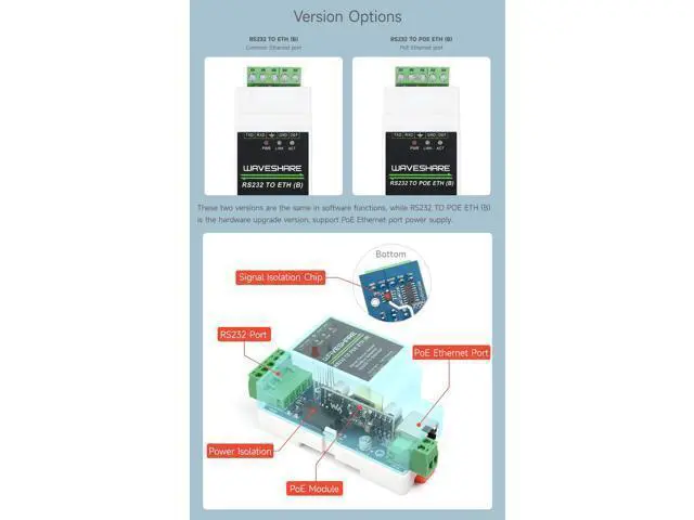Alt view image 3 of 5 - Waveshare Industrial Serial Server, RS232 to RJ45 Ethernet, TCP/IP to Serial, Rail-Mount Support, with POE Function