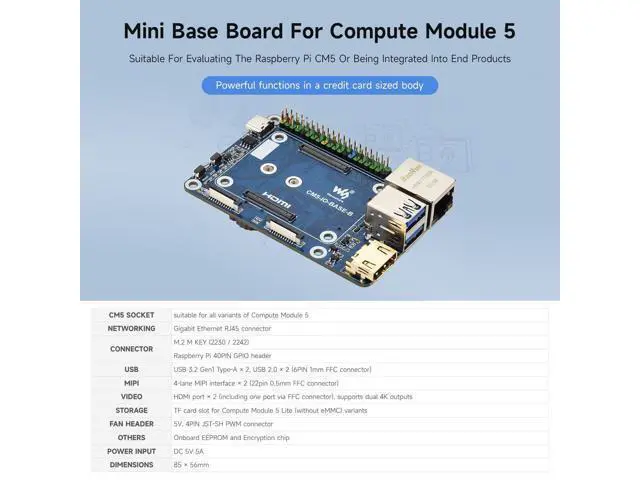 Alt view image 3 of 5 - Waveshare Mini Base Board (B), Compatible with Raspberry Pi Compute Module 5, Onboard EEPROM and Encryption Chip