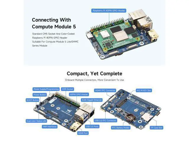 Alt view image 5 of 5 - Waveshare Mini Base Board (B), Compatible with Raspberry Pi Compute Module 5, Onboard EEPROM and Encryption Chip
