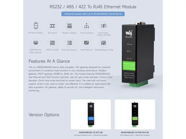 Alt view image 3 of 5 - Waveshare Industrial Serial Server, RS232/485/422 to RJ45 Ethernet Module, TCP/IP to Serial, Small
