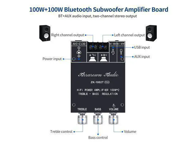 Alt view image 2 of 5 - ZK-1002T PRO Bluetooth 5.0 Amplifier Board 2.0 Channel 200W HiFi Subwoofer Audio AMP with Treble and Bass, BT USB and AUX Inputs, DC 12-24V Stereo AMP Module for DIY Speakers (2 Pack)
