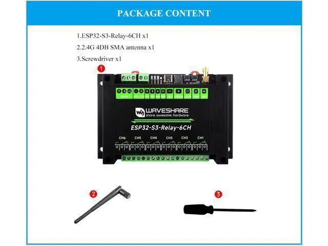 Alt view image 2 of 5 - Industrial 6-Channel ESP32-S3 WiFi Relay Module, Supports WiFi/Bluetooth/RS485 Controll, Onboard RS485 / Pico HAT Interfaces, for Expanding RTC/CAN / RS232 / LoRa/Sensor, etc.