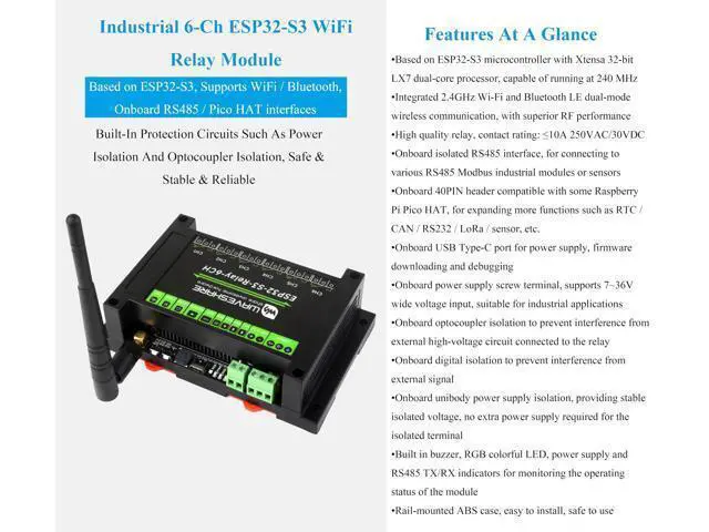 Alt view image 3 of 5 - Industrial 6-Channel ESP32-S3 WiFi Relay Module, Supports WiFi/Bluetooth/RS485 Controll, Onboard RS485 / Pico HAT Interfaces, for Expanding RTC/CAN / RS232 / LoRa/Sensor, etc.