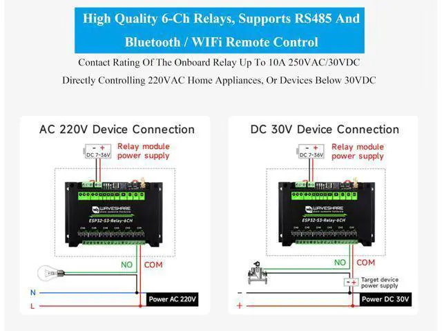 Alt view image 5 of 5 - Industrial 6-Channel ESP32-S3 WiFi Relay Module, Supports WiFi/Bluetooth/RS485 Controll, Onboard RS485 / Pico HAT Interfaces, for Expanding RTC/CAN / RS232 / LoRa/Sensor, etc.