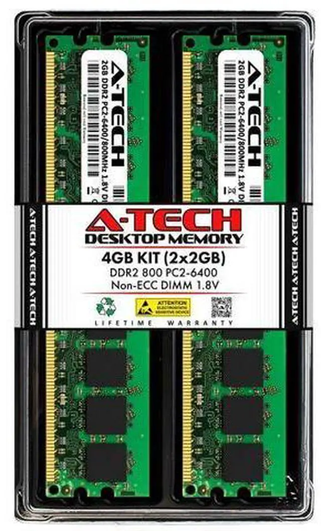 Main image of A-Tech 4GB (2x2GB) DDR2 800MHz UDIMM PC2-6400 CL6 1.8V DIMM Non-ECC Unbuffered Desktop RAM Memory Modules