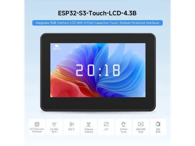 Alt view image 3 of 7 - Waveshare ESP32-S3 4.3inch Capacitive Touch Display Development Board B, 800×480 Resolution, 5-Point Touch, 32-Bit LX7 Dual-Core Processor, Up to 240MHz Frequency, with Onboard Antenna