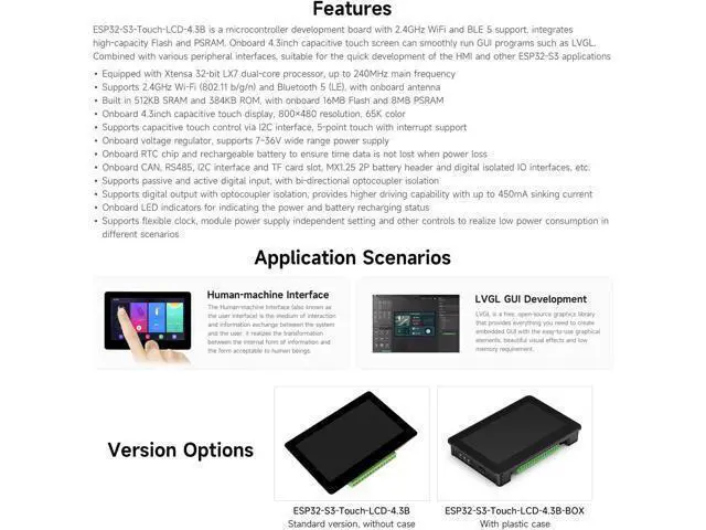 Alt view image 4 of 7 - Waveshare ESP32-S3 4.3inch Capacitive Touch Display Development Board B, 800×480 Resolution, 5-Point Touch, 32-Bit LX7 Dual-Core Processor, Up to 240MHz Frequency, with Onboard Antenna