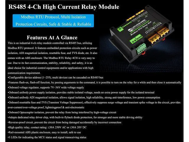 Alt view image 2 of 5 - 4-Channel RS485 Relay Board, Modbus RTU Protocol, 30A High Current 7V~36V, Multi Isolation Protection Circuits, Industrial Grade Rail-Mount Case