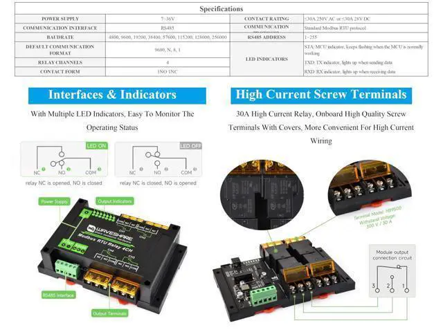 Alt view image 3 of 5 - 4-Channel RS485 Relay Board, Modbus RTU Protocol, 30A High Current 7V~36V, Multi Isolation Protection Circuits, Industrial Grade Rail-Mount Case