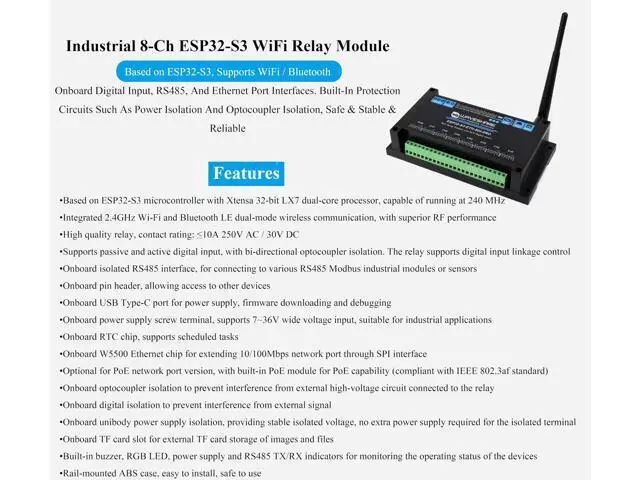 Alt view image 2 of 5 - Industrial 8-Channel ESP32-S3 WiFi Relay Module,Built-in Xtensa 32-bit LX7 Dual-core Processor, Onboard Isolated RS485 Interface+ Network Port + 8-CH Digital Inputs + 8-CH Relays, Supports WiFi/BT