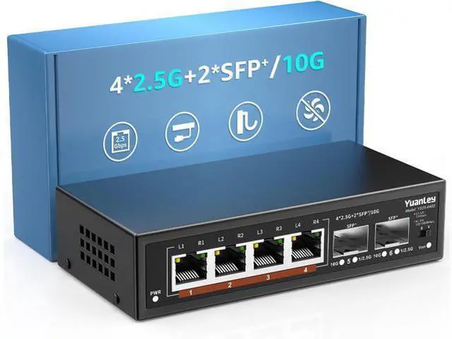 Main image of 6 Port 2.5G Unmanaged Ethernet Switch, 4 x 2.5G Base-T Ports, 2 x 10G SFP, Compatible with 100/1000/2500Mbps, VLAN, Fanless, Desktop/Wall Mount YuanLey 2.5Gbe Network Switch for Wireless AP, NAS, PC