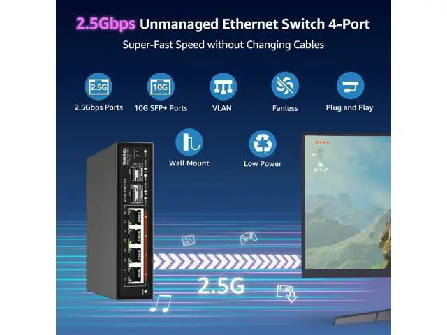 Alt view image 2 of 7 - 6 Port 2.5G Unmanaged Ethernet Switch, 4 x 2.5G Base-T Ports, 2 x 10G SFP, Compatible with 100/1000/2500Mbps, VLAN, Fanless, Desktop/Wall Mount YuanLey 2.5Gbe Network Switch for Wireless AP, NAS, PC