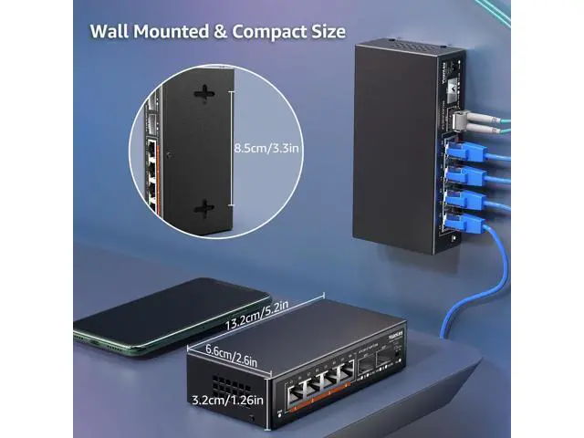 Alt view image 6 of 7 - 6 Port 2.5G Unmanaged Ethernet Switch, 4 x 2.5G Base-T Ports, 2 x 10G SFP, Compatible with 100/1000/2500Mbps, VLAN, Fanless, Desktop/Wall Mount YuanLey 2.5Gbe Network Switch for Wireless AP, NAS, PC