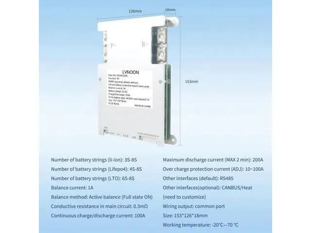 Alt view image 3 of 5 - LVNOON LB1A Smart Active Balancer BMS for Li-ion NCM LFP LiFePo4 LTO Battery Management System 3S 4S 5S 6S 7S 8S 100A with APP Control 12V 24V (3-8S, 100A)
