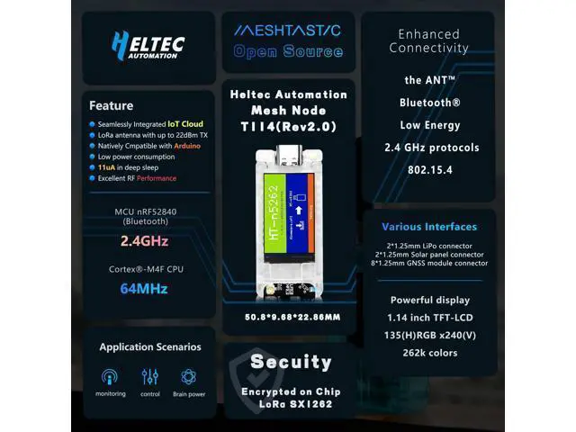 Alt view image 2 of 5 - Heltec Mesh Node T114 V2 Meshtastic Tracker Nordic nRF52480 SX1262 LoRa LoRaWAN 902-928MHz Positioning 1.14-inch TFT Display Development Board Solar Panel Power Supply With BLE WiFi (With Screen GNSS)