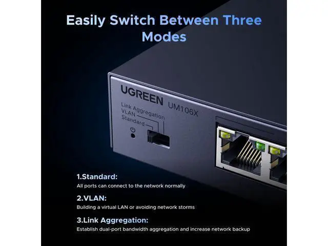 Alt view image 4 of 5 - UGREEN 2.5Gb Switch, 6-Port Ethernet Switch, 5 x 2.5Gb Uplink + 1 x 10Gb SFP+, Standard/Link Aggregation to 5Gbps/VLAN 3 Modes, Plug & Play Unmanaged Ethernet Splitter, Desktop/Wall Mount, for NAS, PC