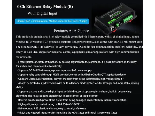 Alt view image 2 of 5 - 8-CH Ethernet Relay Module (B) with Digital Input, Modbus RTU/Modbus TCP Protocol, Support DC 7~36V Wide Range Power Input and PoE Power Supply, with Various Isolation and Protection Circuits