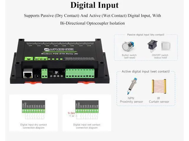 Alt view image 5 of 5 - 8-CH Ethernet Relay Module (B) with Digital Input, Modbus RTU/Modbus TCP Protocol, Support DC 7~36V Wide Range Power Input and PoE Power Supply, with Various Isolation and Protection Circuits