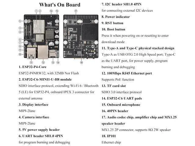 Alt view image 5 of 5 - ESP32-P4 WIFI6 PoE ETH Development Board, Based On ESP32-P4 and ESP32-C6, Supports Wi-Fi 6 and Bluetooth 5 (LE), Integrated PoE Module for P o E Power Supply, Rich Interfaces, with Speaker and 5 Items