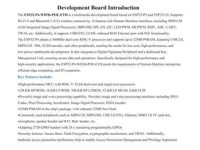 Alt view image 4 of 5 - ESP32-P4 WIFI6 PoE ETH Development Board, Based On ESP32-P4 and ESP32-C6, Supports Wi-Fi 6 and Bluetooth 5 (LE), Integrated PoE Module for P o E Power Supply, Rich Interfaces, with Speaker and 5 Items