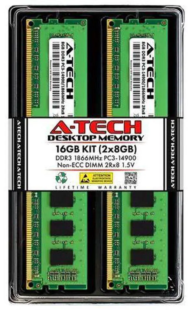 Main image of A-Tech 16GB Kit (2x8GB) DDR3 1866MHz PC3-14900 CL13 UDIMM 2Rx8 1.5V Non-ECC DIMM 240-Pin Desktop RAM Memory Upgrade Modules