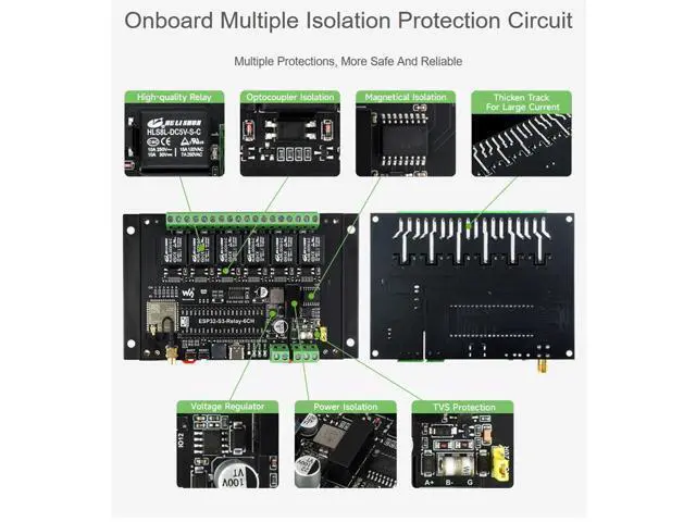 Alt view image 3 of 5 - Industrial ESP32-S3 6-Channel WiFi Relay Module, Supports W-iF-i/Blue-Too-th / RS485 Remote Control/Pico HAT, Built-in Power Isolation and Optocoupler Isolation Protection, with Rail-Mount Case