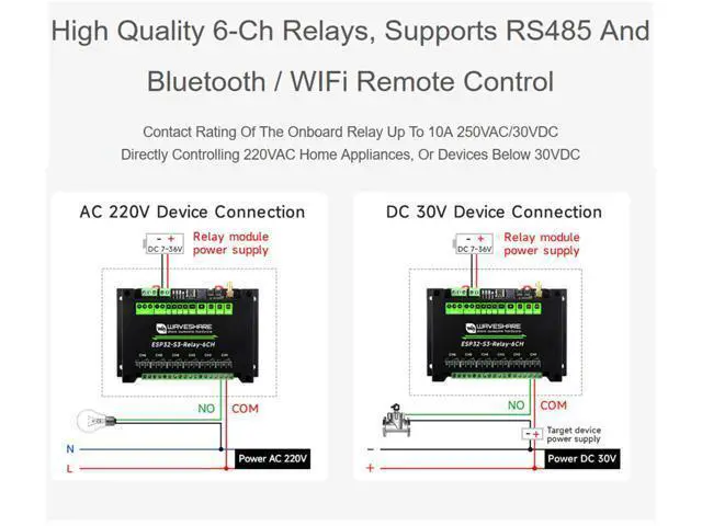 Alt view image 4 of 5 - Industrial ESP32-S3 6-Channel WiFi Relay Module, Supports W-iF-i/Blue-Too-th / RS485 Remote Control/Pico HAT, Built-in Power Isolation and Optocoupler Isolation Protection, with Rail-Mount Case